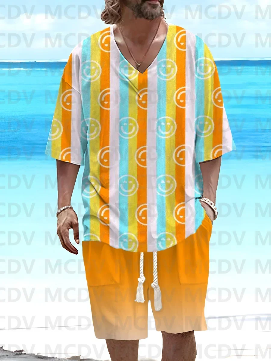 Men's Casual V-neck Sunny Beach Gradient Color Art Short-sleeved Shorts T-shirt Set