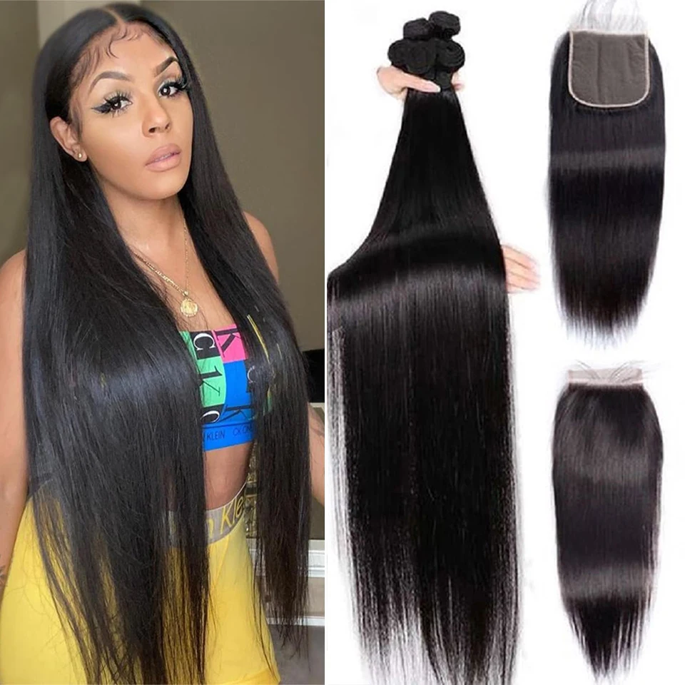 Bone Straight Human Hair Bundles With Closure 4x4 Lace Closures With Bundles Brazilian Hair Weave Bundles With Closure Remy Hair