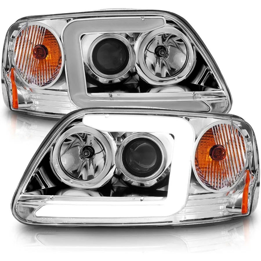 For 19972003  F150 Expedition Pickup Truck Chrome CType LED Tube Projector Replacement Headlights Set with Enhanced Visibility