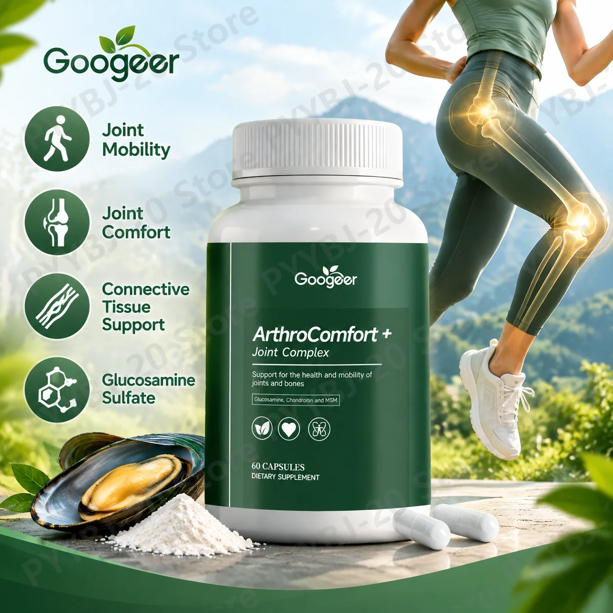Googeer Joint Support Capsules Joint Flexibility Joint Comfort Connective Tissue Support with Glucosamine Chondroitin Plus 60ct