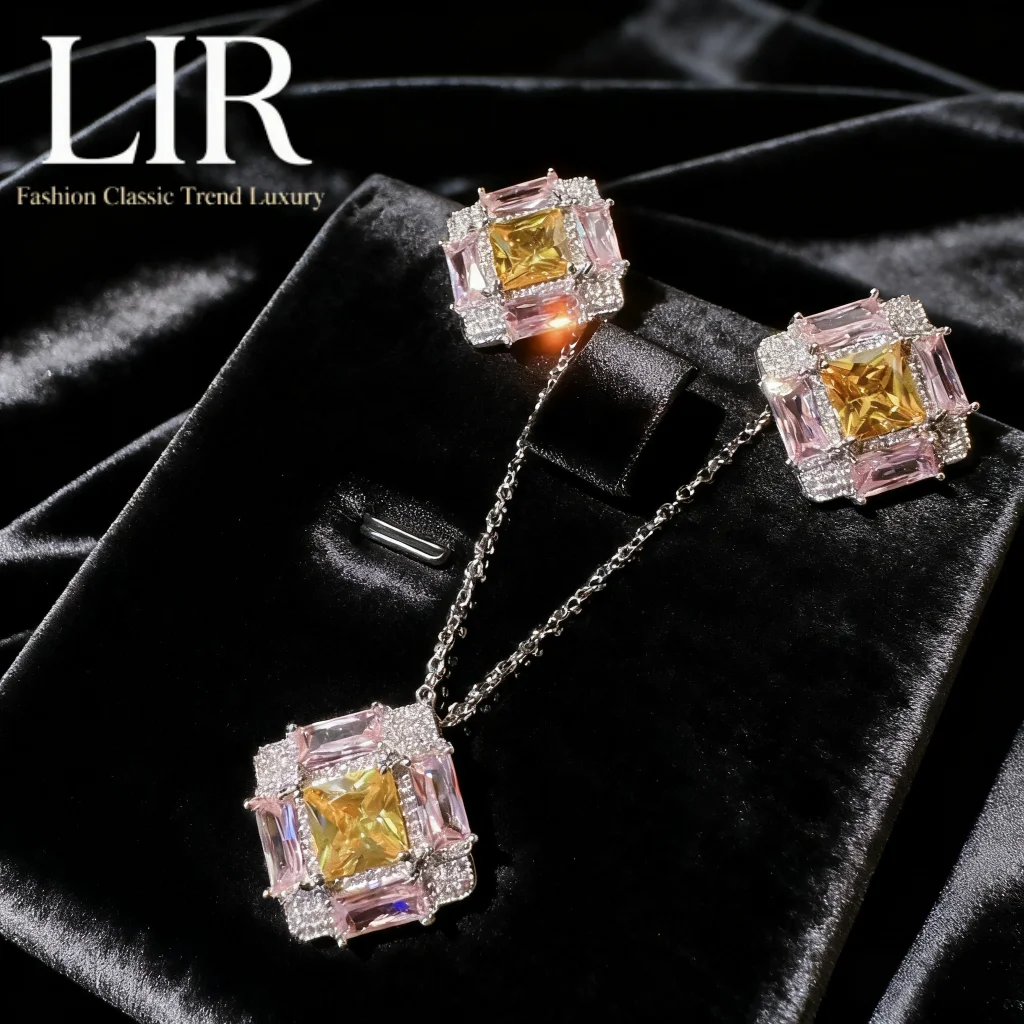 

Женский комплект ювелирных украшений на заказ LIR: ожерелье с розовыми драгоценными камнями Padparadscha, блестящие желтые серьги с цирконом в форме подушки сумерки