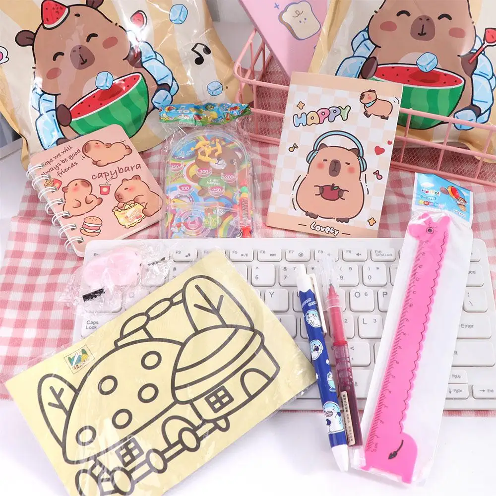 

Многофункциональный канцелярский набор капибары, обучающий инструмент, метрическая линейка, мультяшный ластик, канцелярские принадлежности, случайная точилка, капибара, подарочный пакет