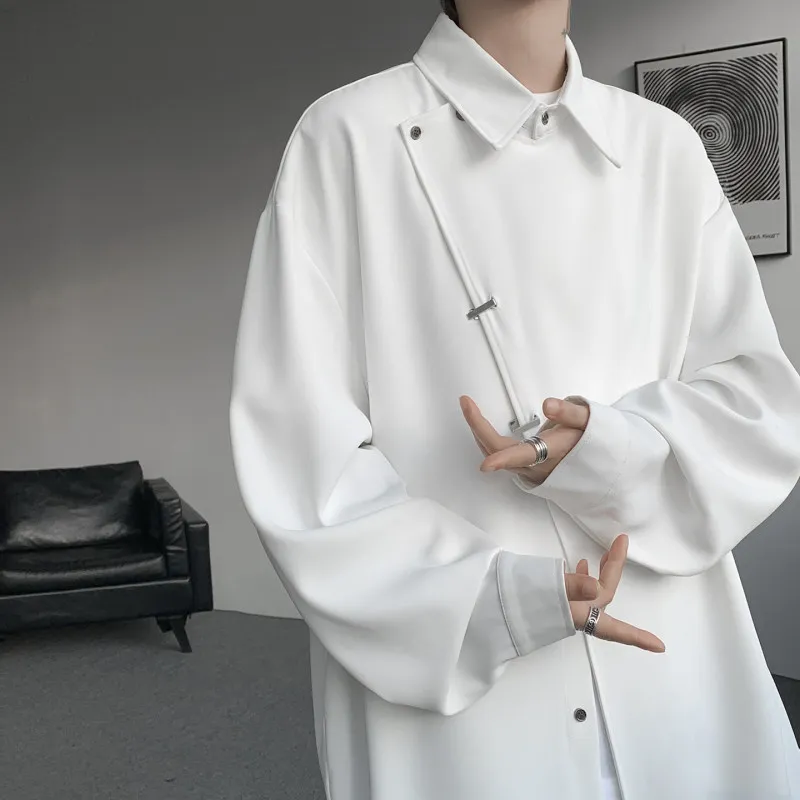 New Chinese Style Men's Shirt Pure Color Drapey Design Sensation Metal Buckle Casual Fashion Urban Streetwear Long Sleeve