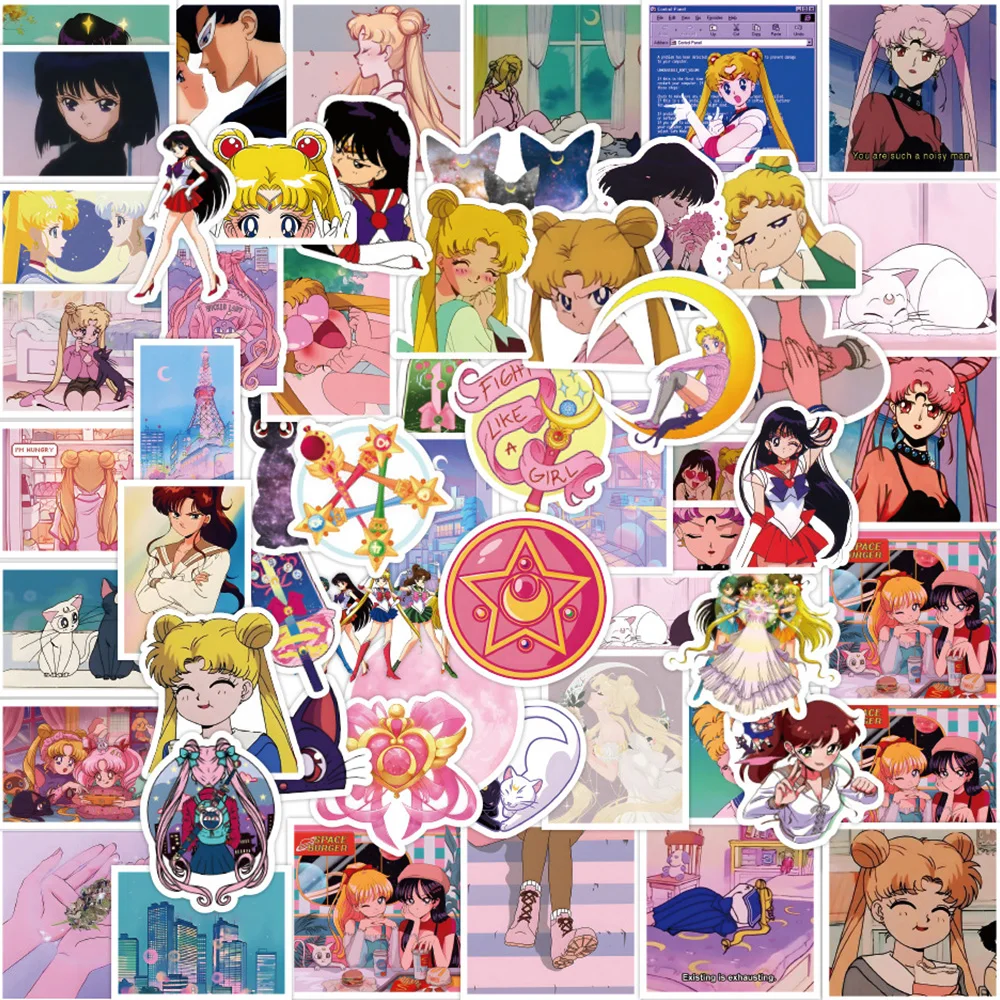 Stiker grafiti Anime Sailor Moon, 10/30/60 buah stiker estetika kartun untuk helm Notebook Laptop ponsel anak perempuan lucu stiker hadiah