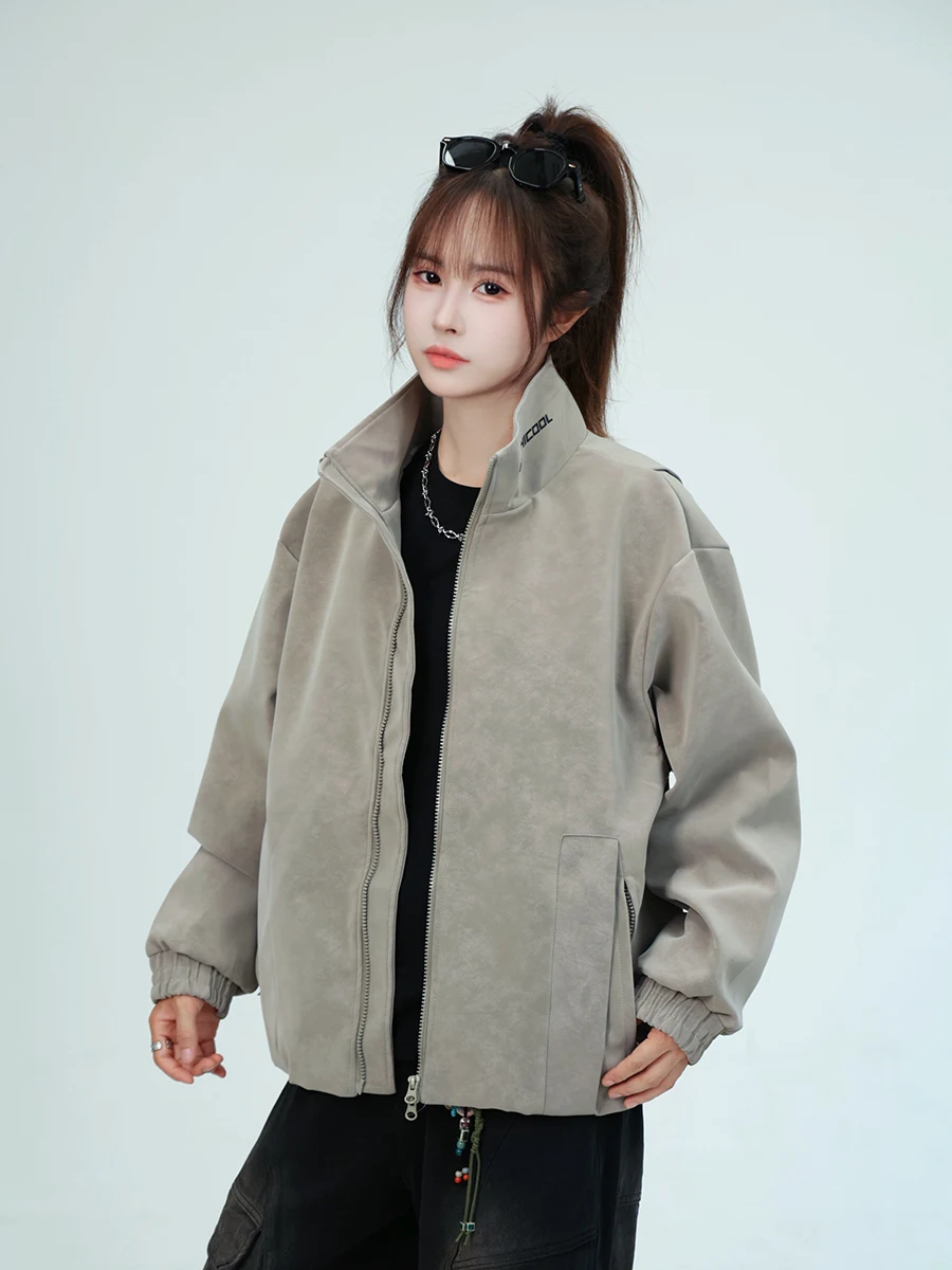 

American Sle Stand Collar Matte PU Leather Jaet Men's Long Sve Thiened Windproof Zipper Closure Coat for Couples