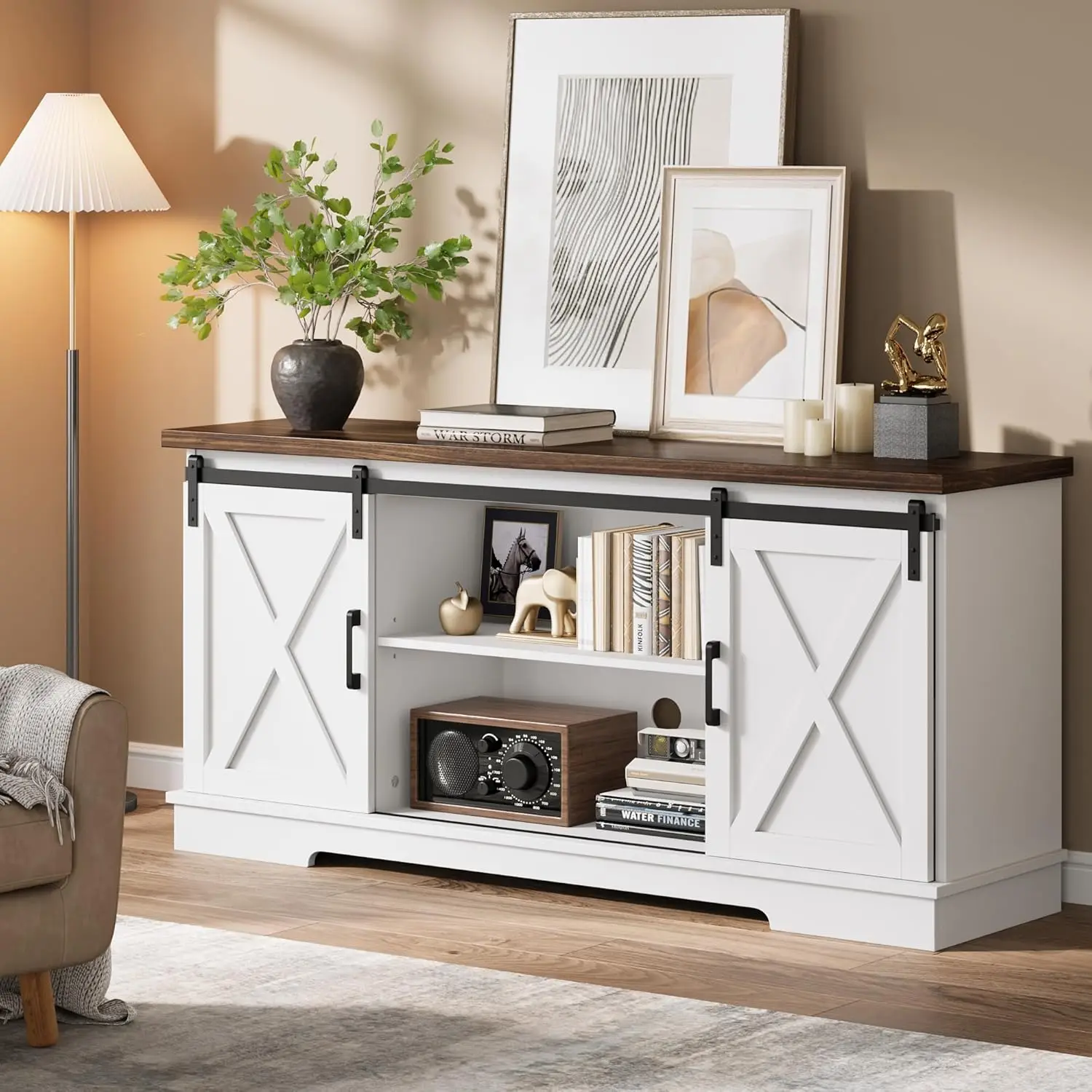 

IDEALHOUSE Farmhouse Tv Stand for 65 Inch TVs, Entertainment Center with Sliding Barn Doors and Adjustable Shelf, Modern Storage