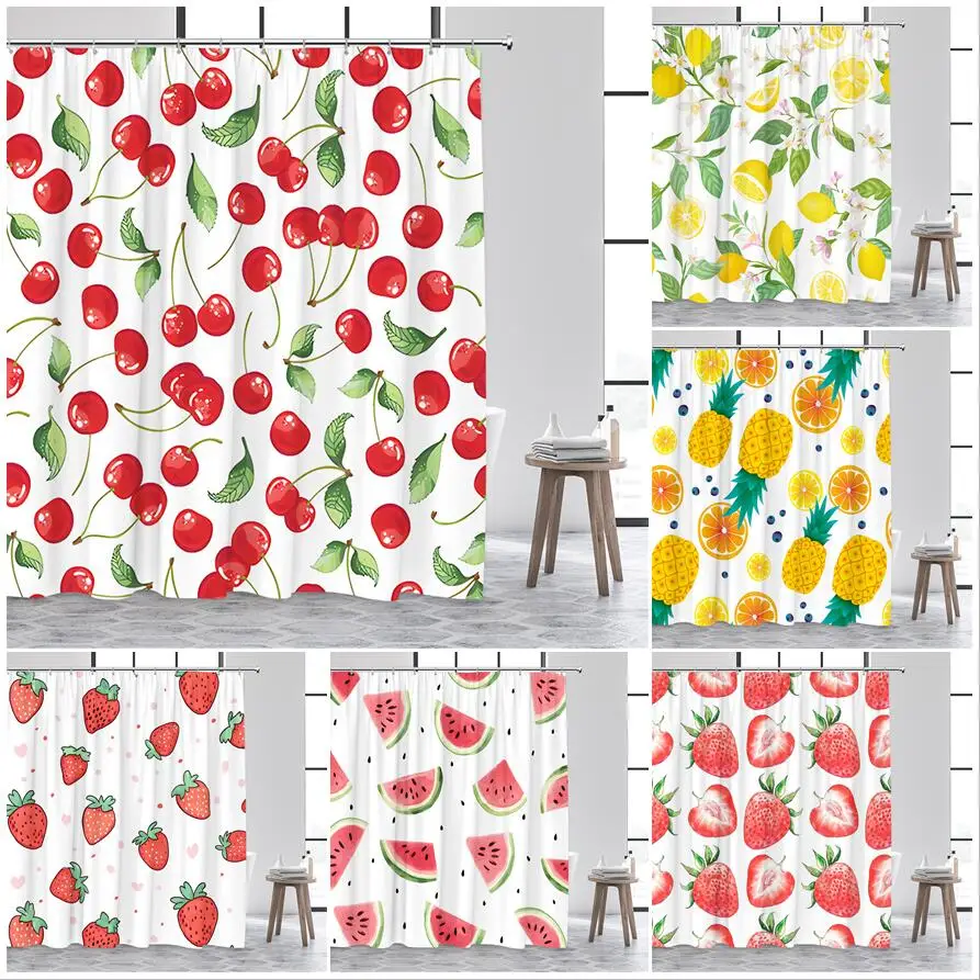 Tropical Fruits Shower Curtain Red Cherries Strawberry Pineapple Lemon Bath Curtains Modern Cloth Home Bathroom Decor with Hooks