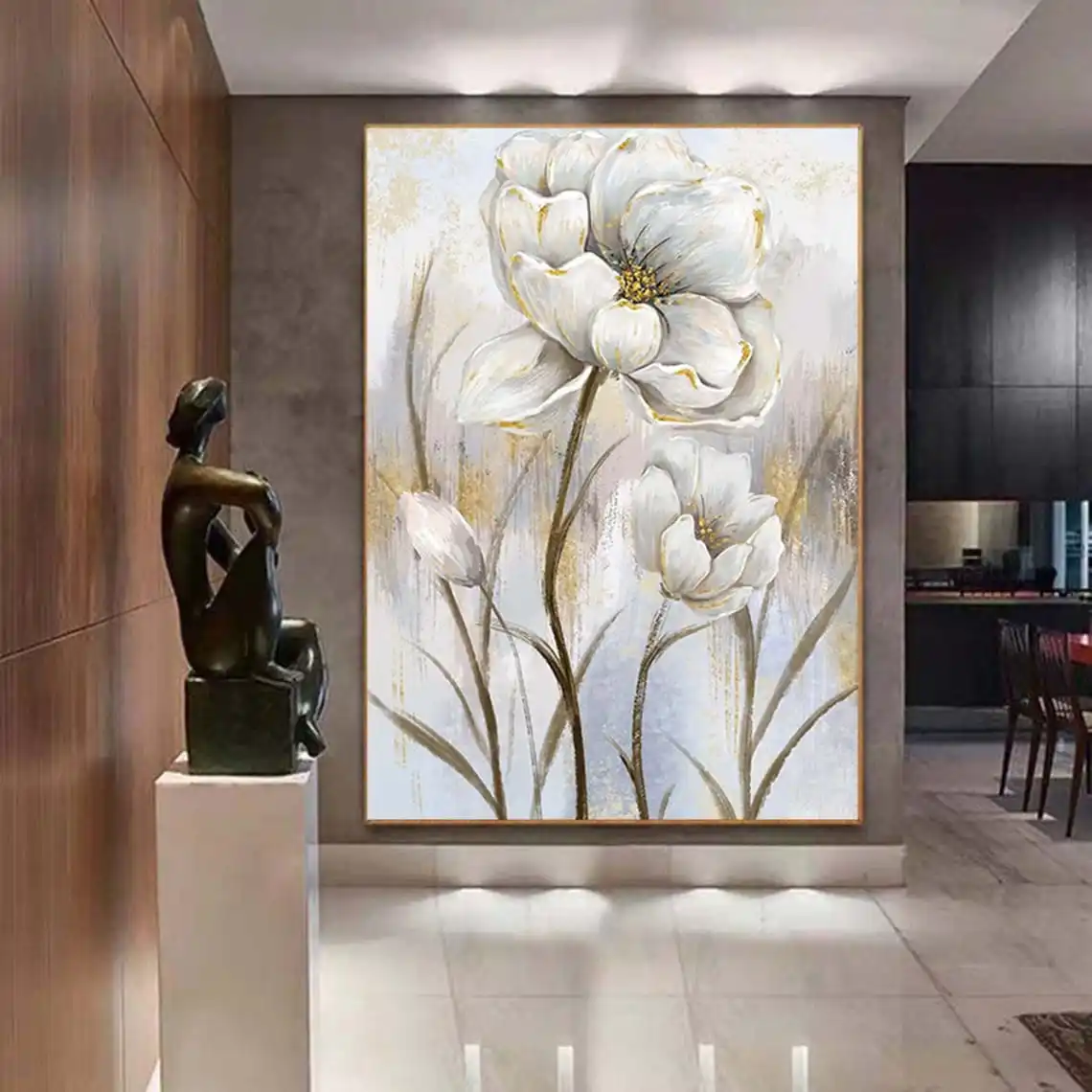 

Abstract Big White Flower Oil Painting On Canvas Large Gold Foil Blossom Acrylic Painting Modern Living Room Wall Art Home Decor