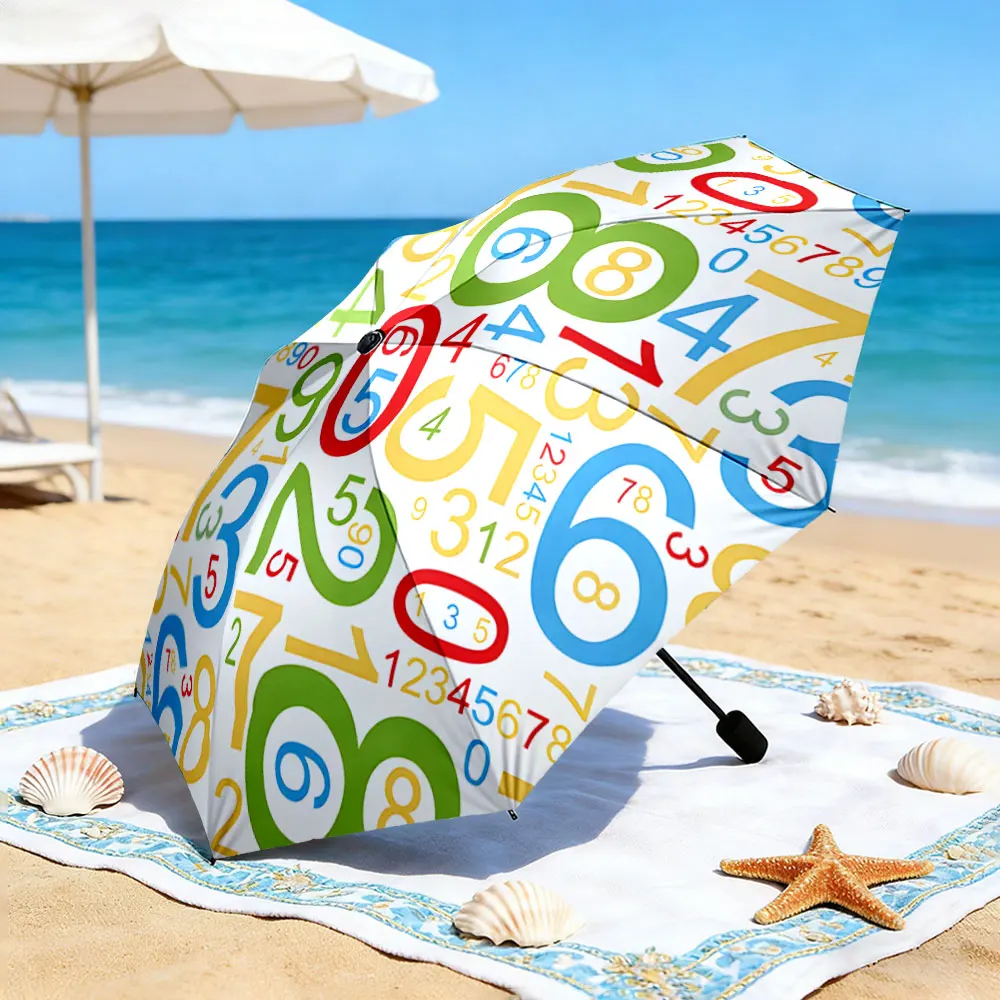 1PC Colorful Number Print Umbrella by a Scenic Lakeside Print 8 Iron Ribs Folding Umbrella Auto-Open Fashion Sunshade