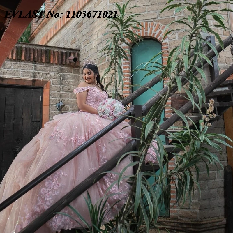 EVLAST Customized Pink Quinceanera Dress Ball Gown 3D Floral Lace Applique Beaded With Ruffles Sweet 16 Vestidos De Anos SQ347