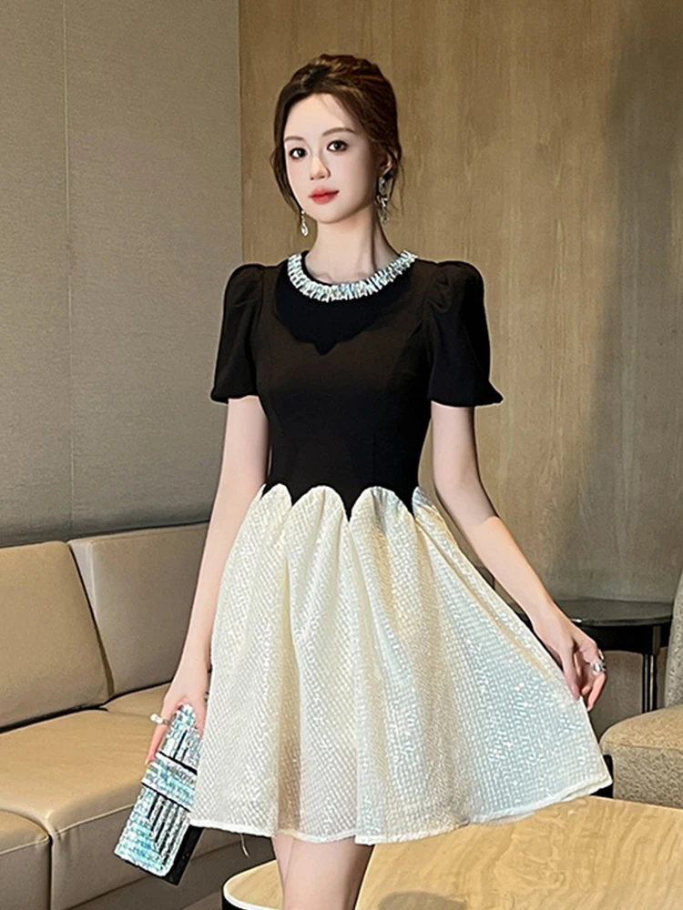 Elegant Luxury Sparkly Sequin Black Gown Evening Dress Women Clothes Retro Puff Sleeve Slim A-Line Party Birthday Vestido Fiesta