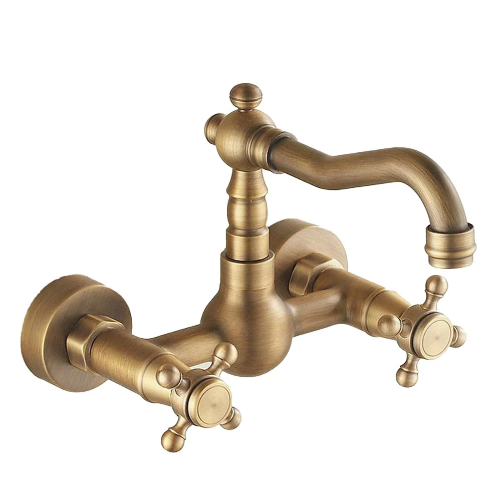 Antique Brass Wall Mounted Bathroom Kitchen Sink Faucet Swivel Spout Mixer Tap Dual Cross Handles msf002