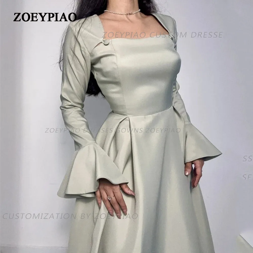 

Light Green Satin Strapless Prom Dresses 2024 Simple Button Formal A Line Party Gowns Plain Long Sleeves Evening Dress