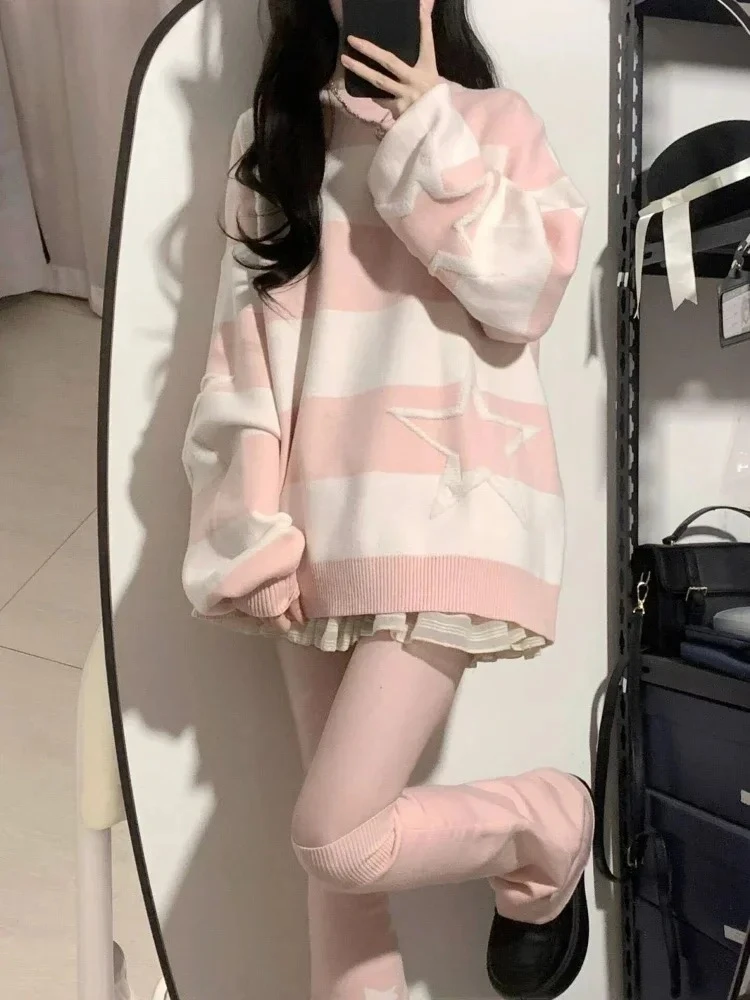 

Japanese Contrast Color Star Sweaters Grunge Fashion All Match Streetwear Sueter Mujer Sweet Y2k Aesthetic Loose Jumpers Women