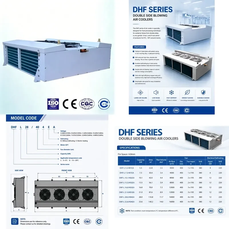 Commercial DHF Double Flow Stainless Steel Air Cooler Evaporator Low Energy Double Side Blow for Cold Storage 0 to 18 C