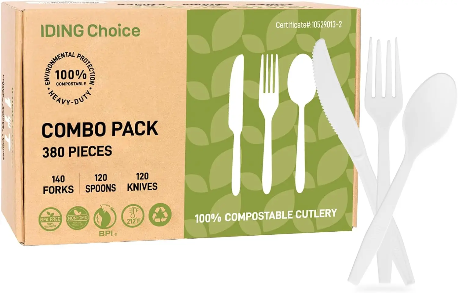 

Eco-Friendly Compostable Cutlery Set: 380 Pieces, Heavy Duty Forks Spoons Knives for Parties Office Camping