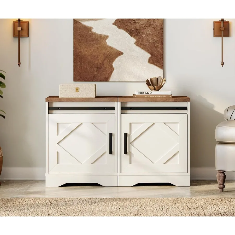 24.3inch Tall Farmhouse End Table Set of 2 with Drawer and Barn Door Cabinets for Living Room Wood Rustic Nightstand for Bedroo