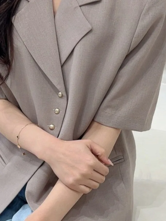 

Retro Lapel Metal Button Design ort Sve Trim Simple Commute Color Small Suit Jaet Women's Faion Busin Casual