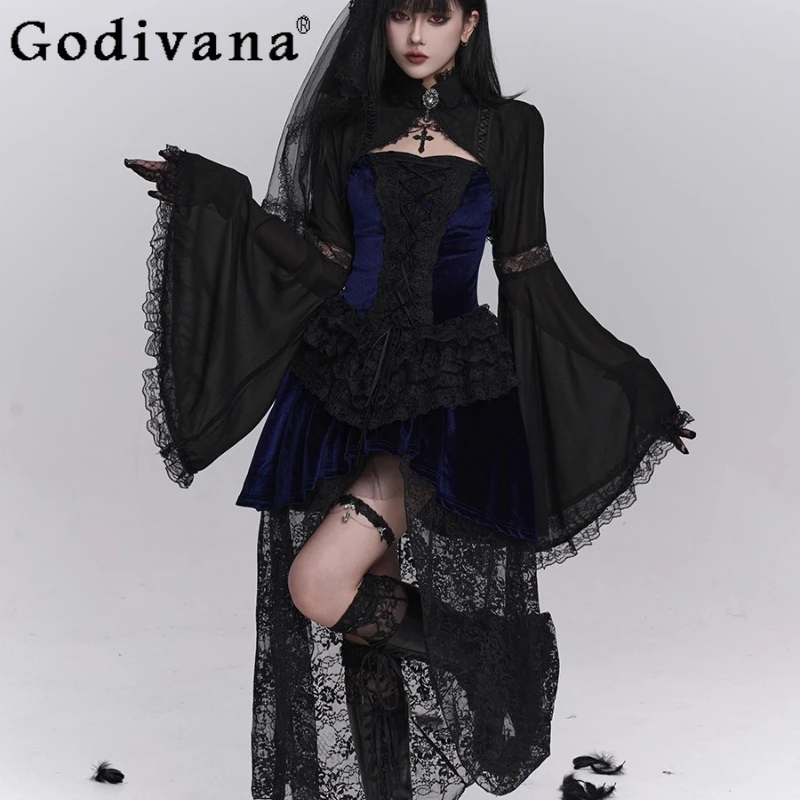 

Костюм для косплея на Хэллоуин, женское потрясающее синее платье на бретелях, одежда, женские осенние рождественские костюмы в готическом стиле