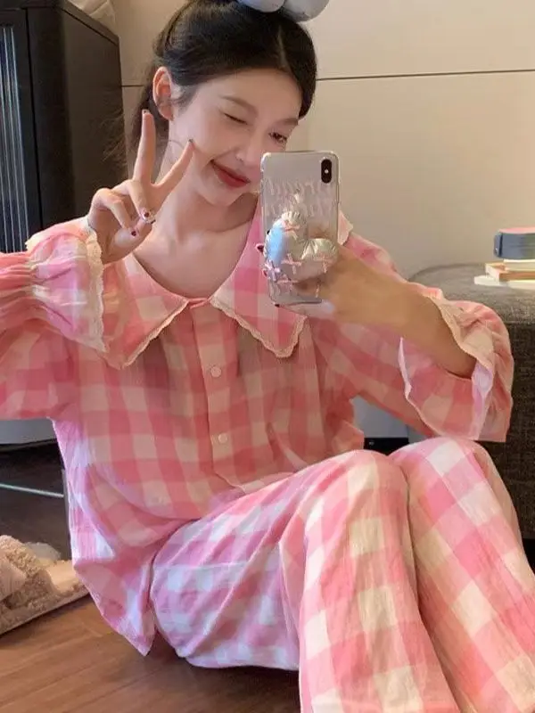 

Хлопковый клетчатый комбинезон с облаком, женский весенне-осенний тонкий длинный свек, милая домашняя одежда с кружевной отделкой для девочек, комплект интернет-знаменитостей