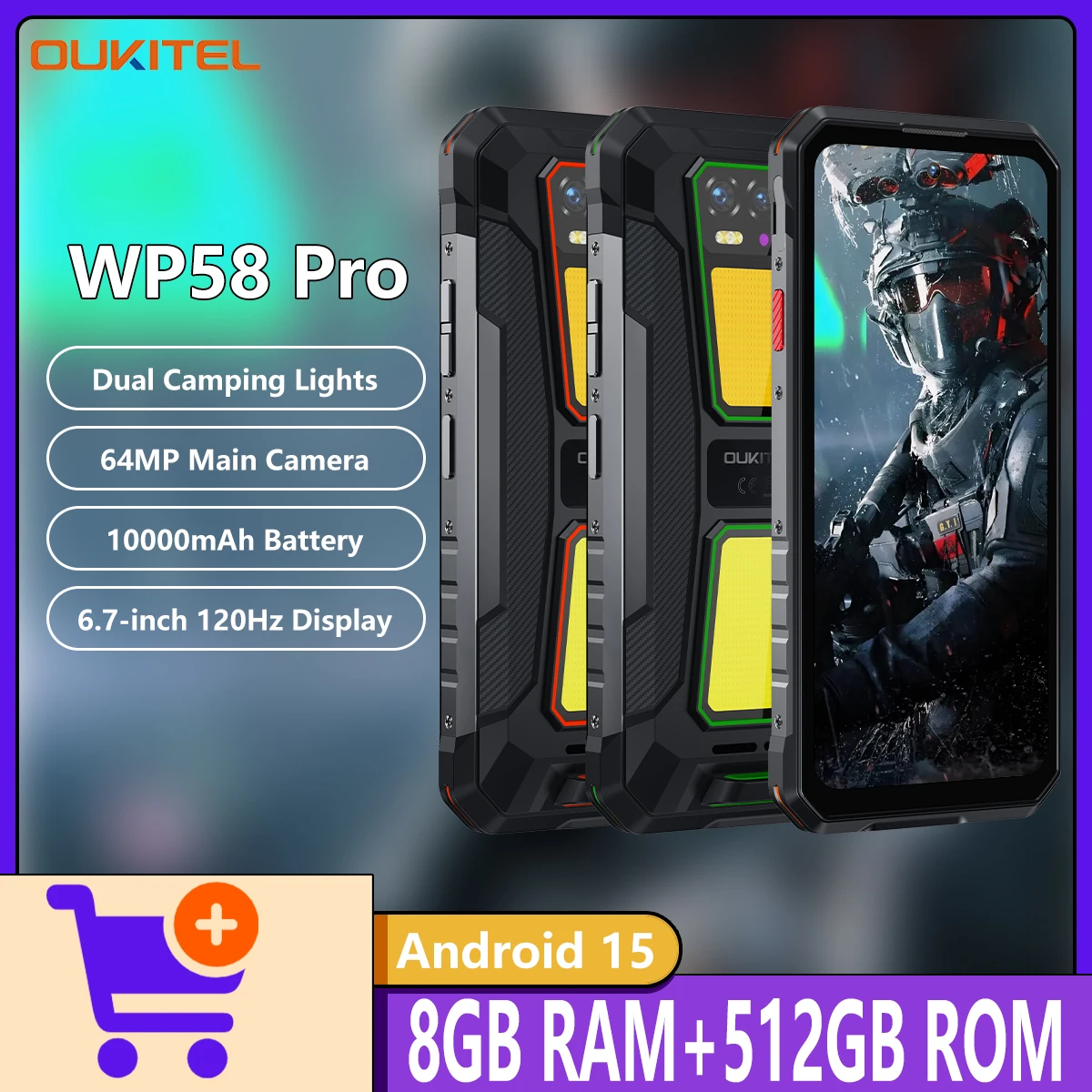 OUKITEL WP58 PRO 5G Rugged Phone 6.7”120Hz Screen 8GB+512GB Dual 900-Lumen Camping light 10000mAh 33W NFC Android 15 Smartphone