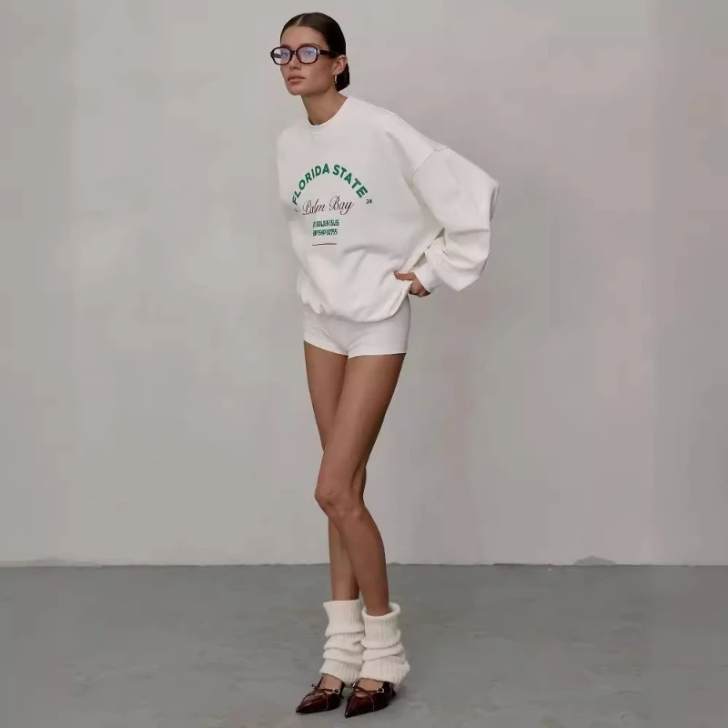 Felpa con cappuccio girocollo casual stile retrò da strada stampata con lettera basic autunnale 2025 per donna