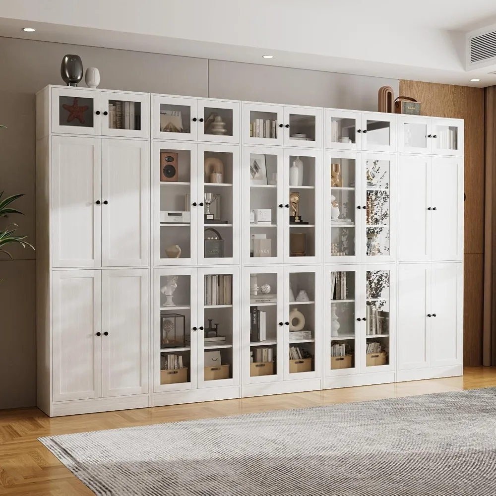 

85.5" Tall Wooden Bookshelf 5 Sets, Storage Cabinet with Glass Doors, 7 Tier Bookcase for Living Room,White Pantries with Doors