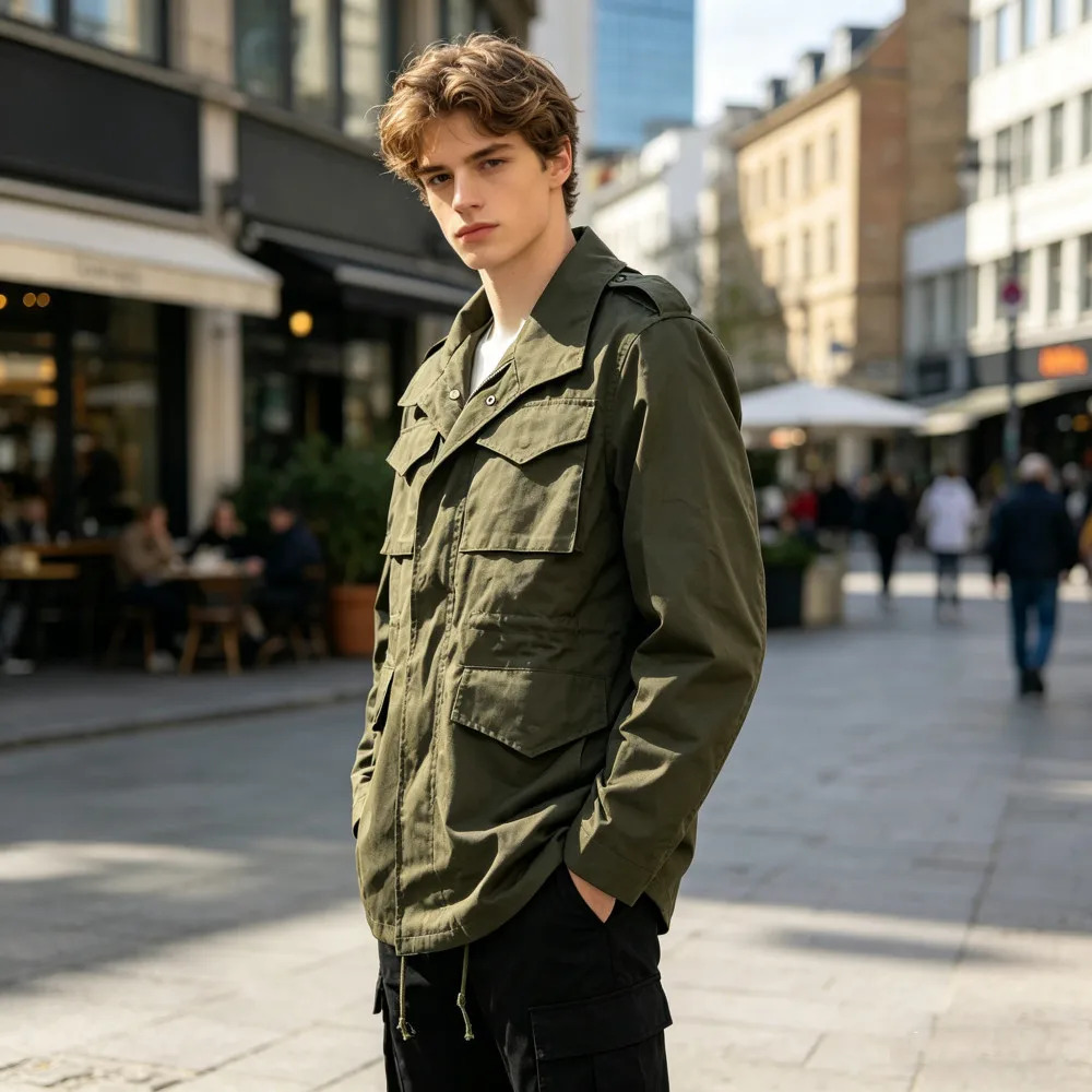 American M65 Field Jacket Retro Tooling Style Multi Pocket Lapel Collar Zipper Jacket Casual Men's Military Tactical Jacket Coat