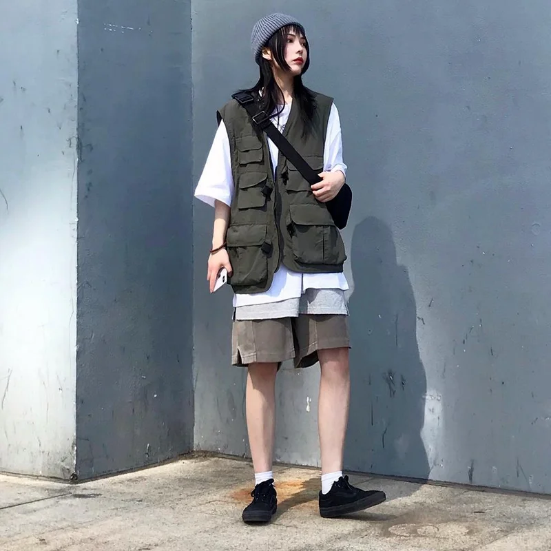 

Vests Women M-5XL Colleges Streetwear Solid Outerwear Loose Cargo Unisex Sleeveless Jackets BF V-Neck Harajuku Pockets Design