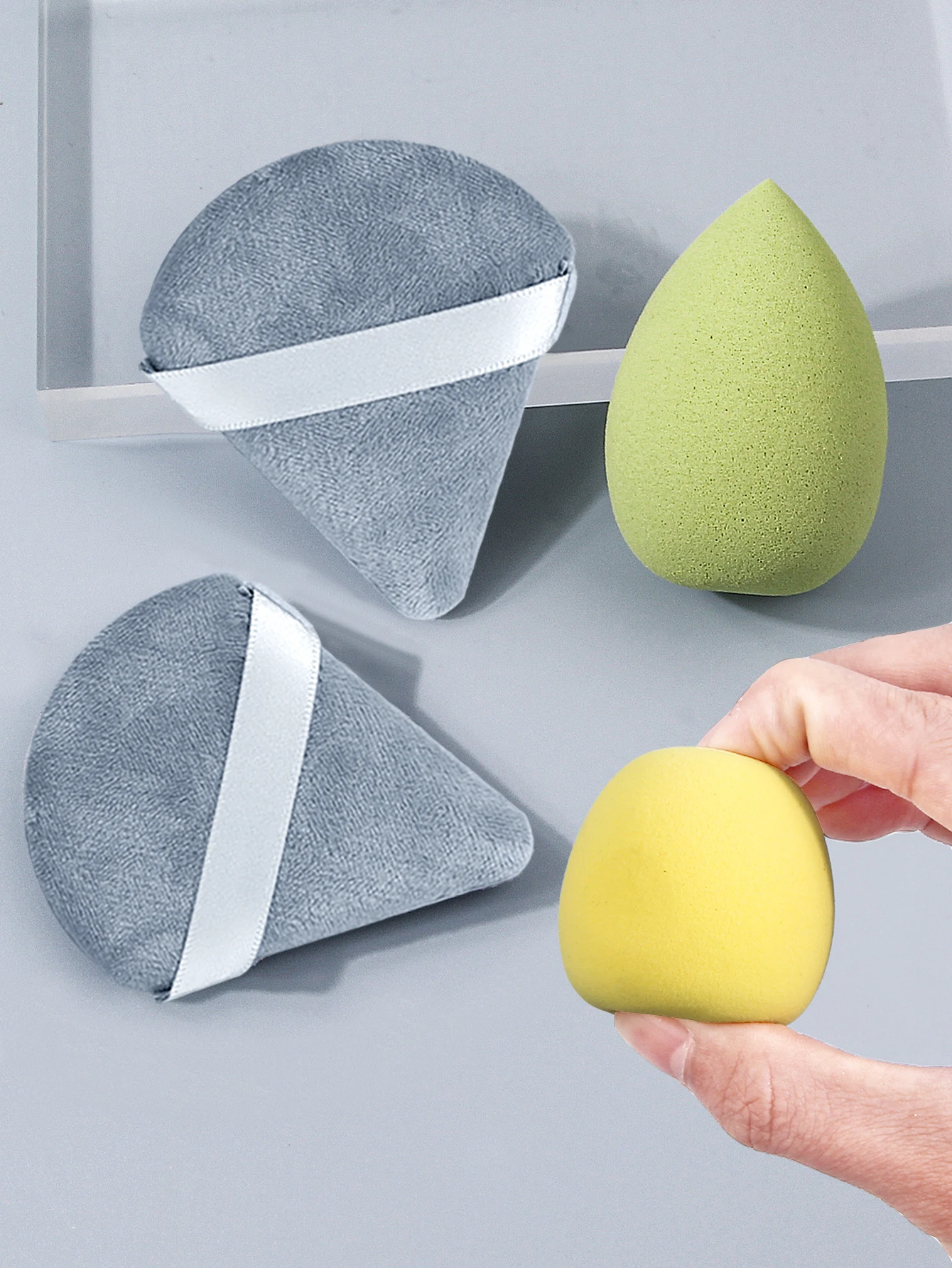 6 قطعة إسفنجة مكياج جافة ورطبة مزدوجة الأغراض غير لاصقة للبيض/نفخة مسحوق مثلثة + 1 قطعة صندوق تخزين محمول