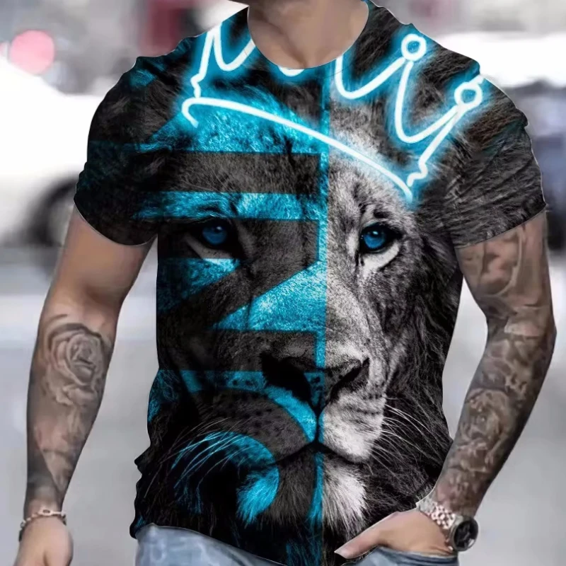 

Retro Men's T-Shirt Lion Print Short Sleeve Tee Street Fashion Man Clothes Loose Oversized T-Shirt For Men Short Sleeve Pullover