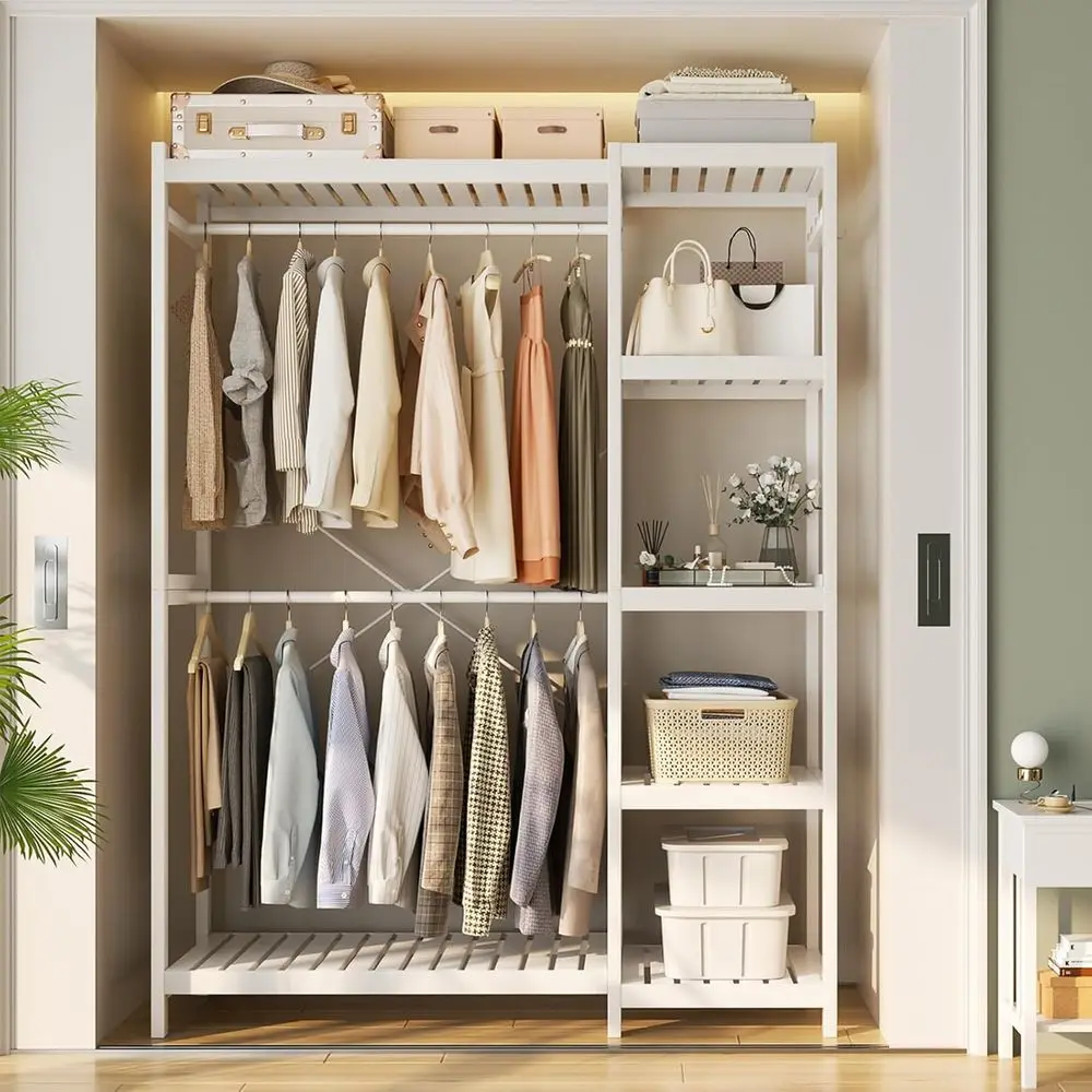 

Sturdy Hanging Clothes Rack with 7 Adjustable Shelves, 2 Rods, 4 Hooks, Open Wardrobe Organizer in White