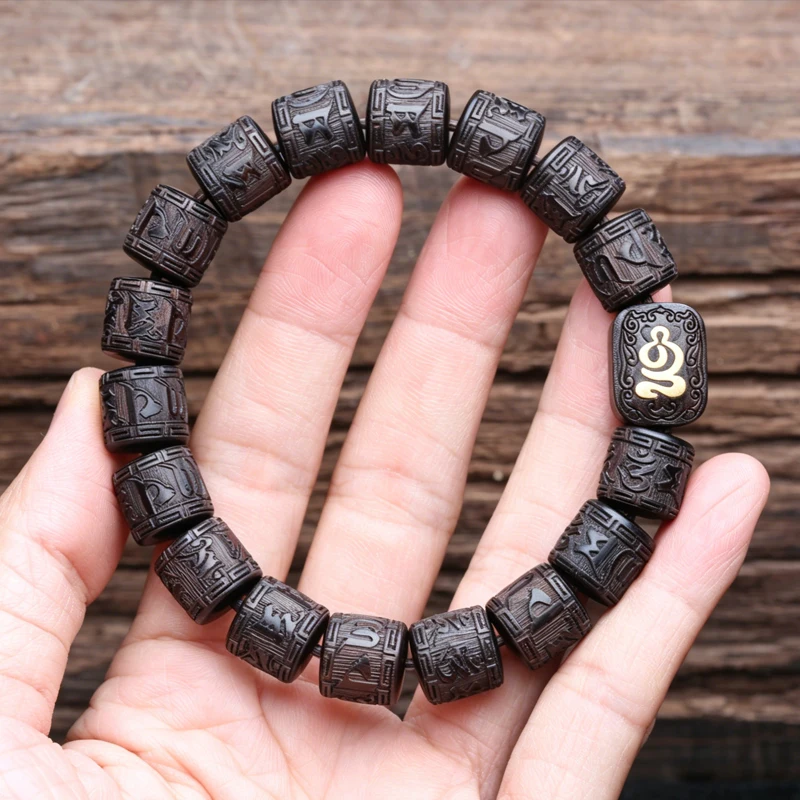 Natürliches Ebenholz Tibetisches Sechs-Wort-Mantra Tibetisches Buddhistisches Gebetsrad-Armband 12mmx12mm Universal – Detail 4