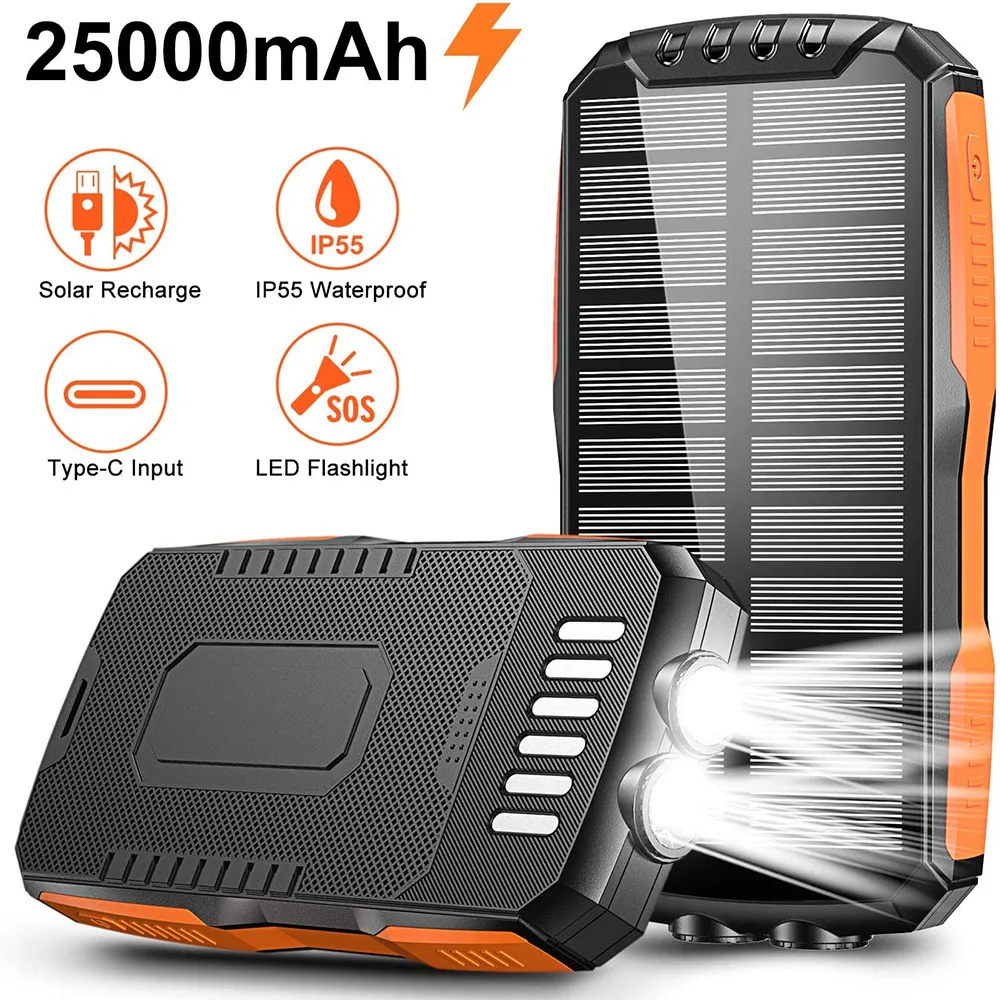 20000mAh Large Capacity Solar Power Bank Portable W/ Lanyard Compass External Battery Outdoor Charging Powerbank for Xiaomi