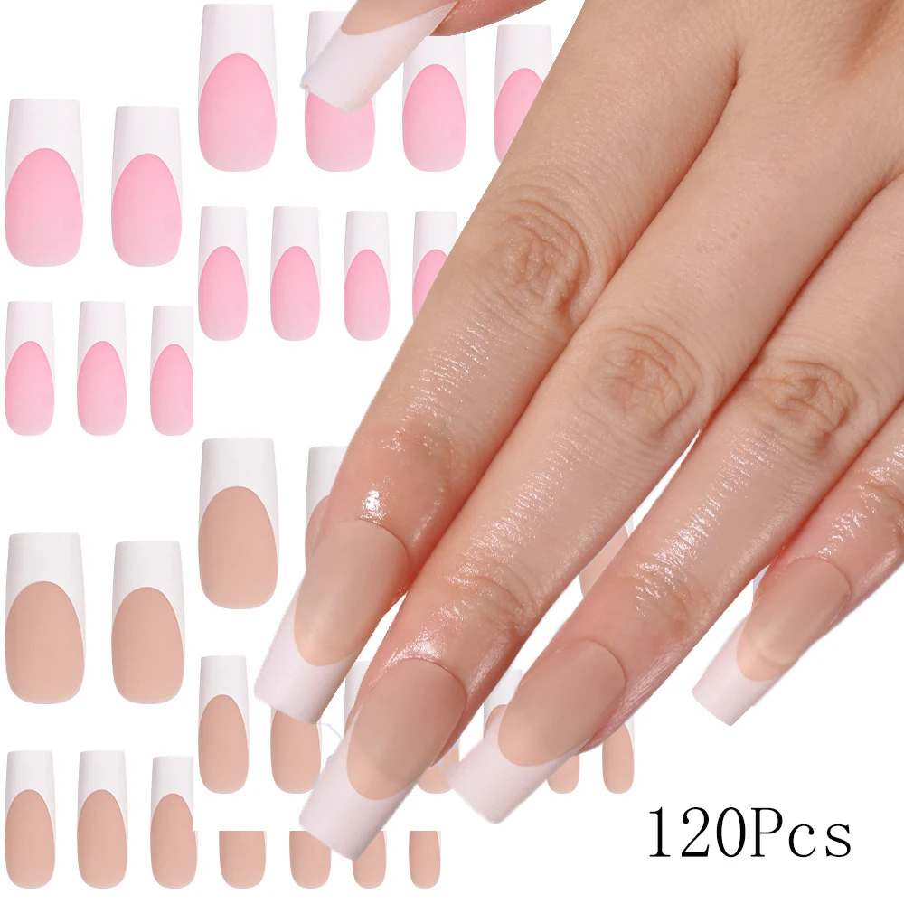 120Pcs Mid-Long French Matte Square Fake Nail 1.95-2.5cm Nude Color Square Press On Nail Stylish Artificial Square False Nail