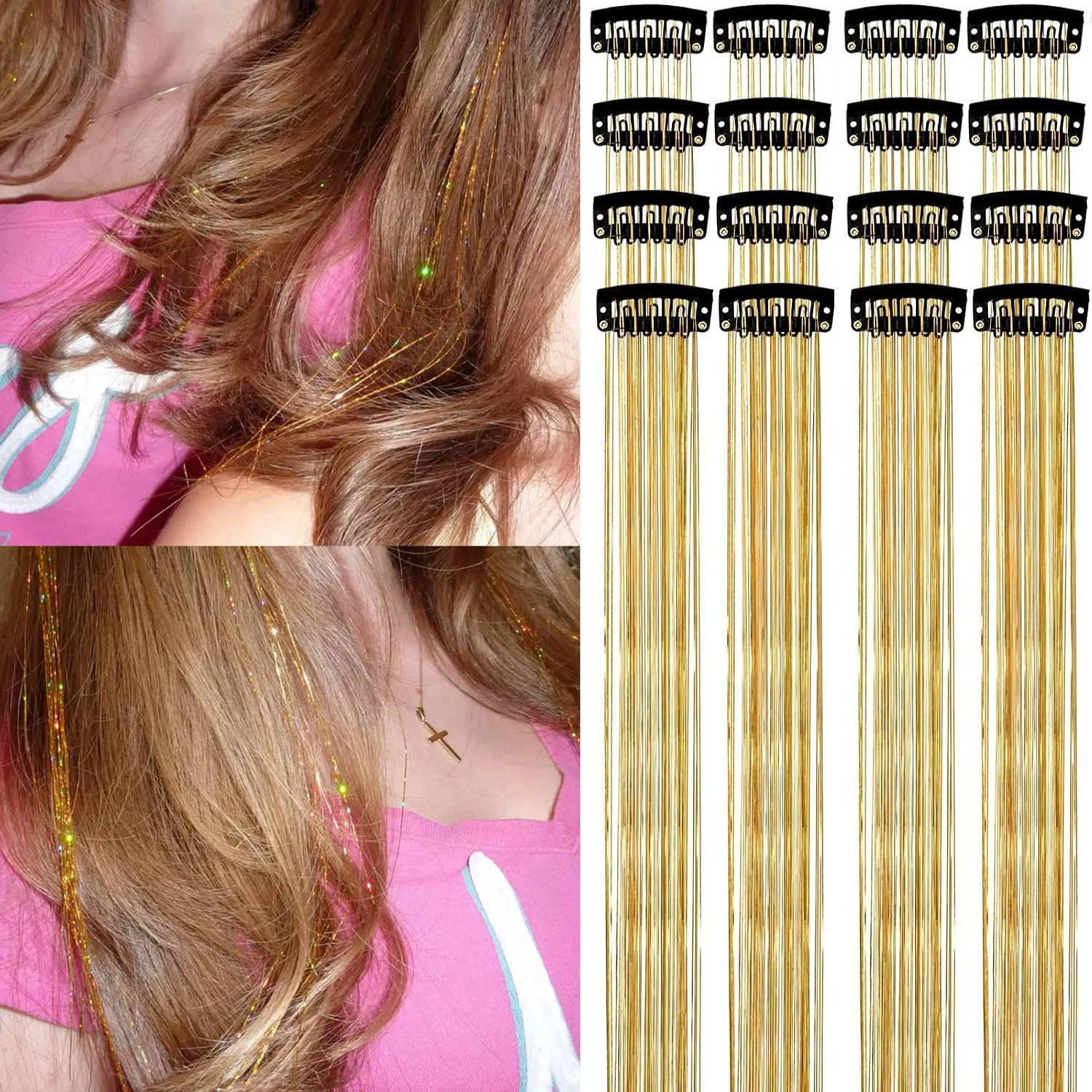 Hair Tinsel Pack of 1/5/12 Pcs Colorful Glitter Hair Accessories 22 Inch Clip in Hair Tinsel Extensions Fairy Hair Synthetic