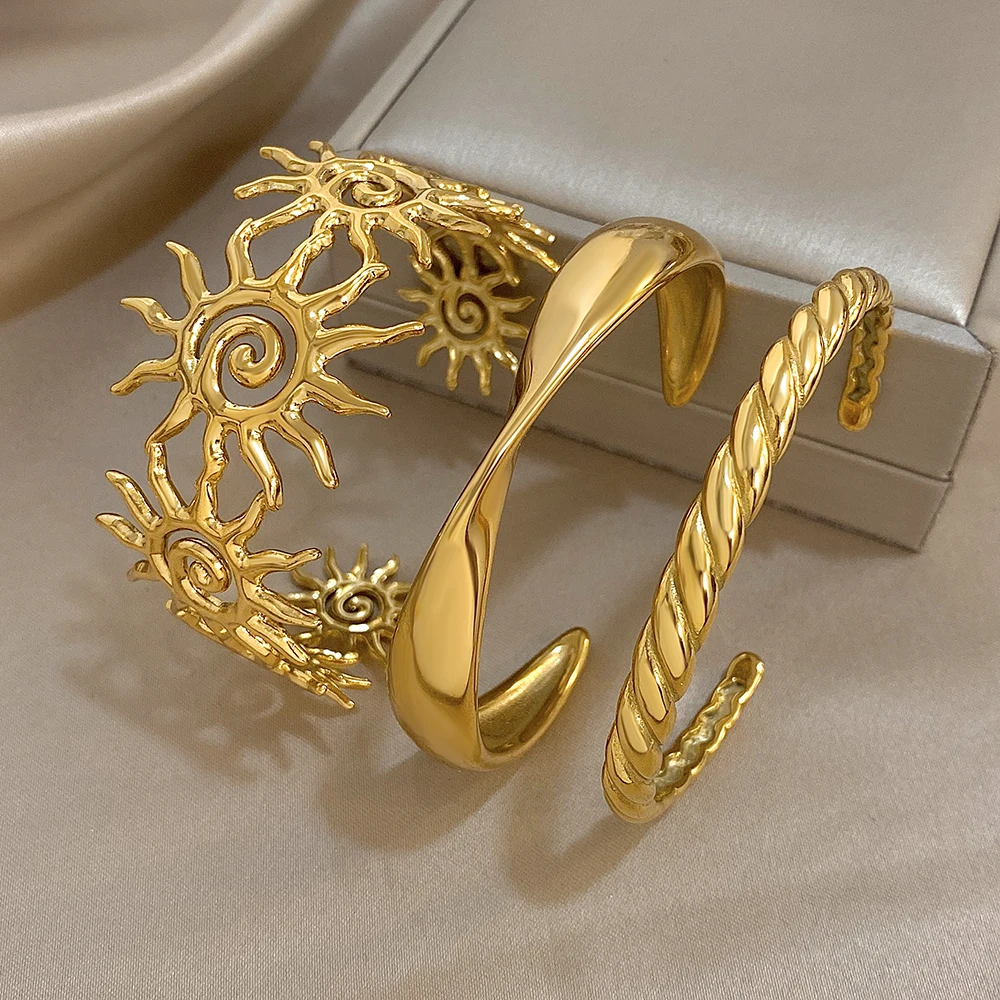 Greatera Hollowed-out Sun Opening Bracelet Simple Linear Stainless Steel Twisted Original Design Women's Bangle Jewelry Gifts