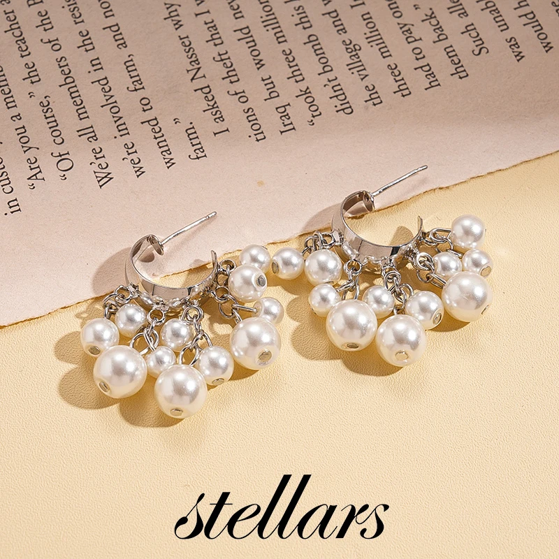

Retro Style Imitation Pearl Geometric C-Shaped Tassel Silver Stud Earrings, Minimalist Niche High-End Feel Jewelry