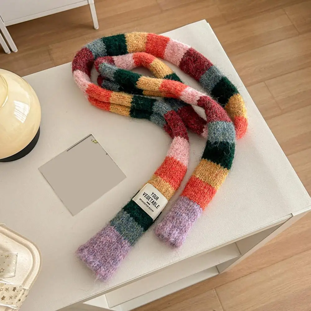 2024 Women's Color Block Knitted Wool Scarf Warm and Stylish Contrasting Striped Narrow Snood for Femme Sweet and Cool