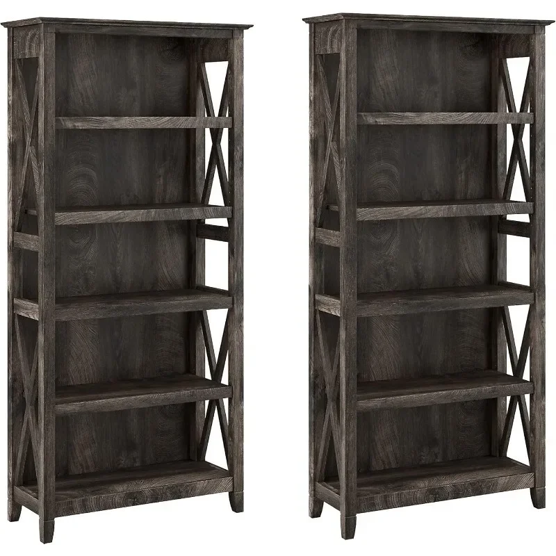 5 Shelf Bookcase - Set of 2 .Sturdy Display Shelves for Library, Living Room, and Home Office