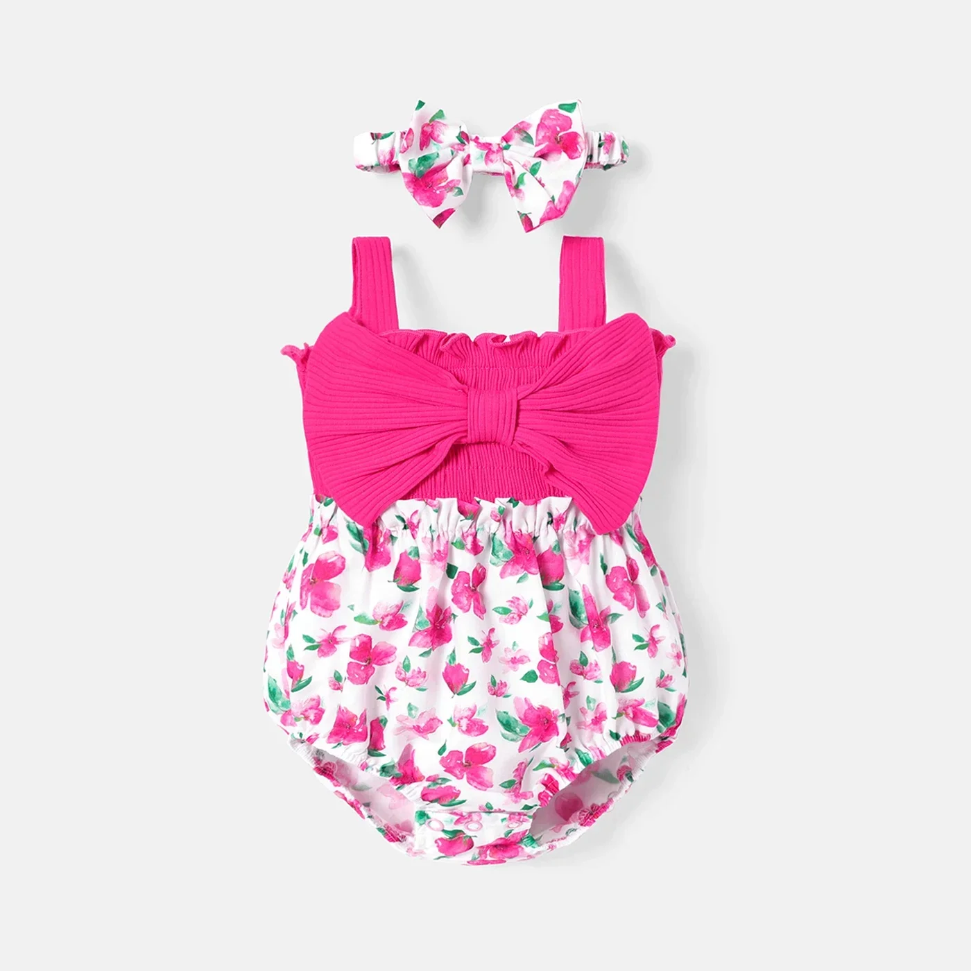 PatPat 2pcs Baby Girl Solid & Floral-print Spliced Bow Front Sleeveless Romper with Headband Set Suitable for Summer Season