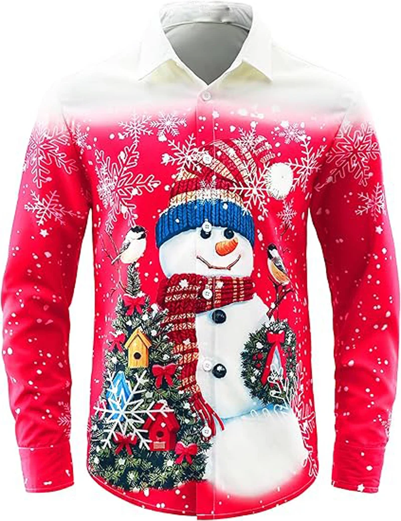

New Men's Christmas Shirt Funny Turkey Thanksgiving Shirt Santa Claus Long Sleeve Lapel Button-Down Shirt Family Party Outdoor