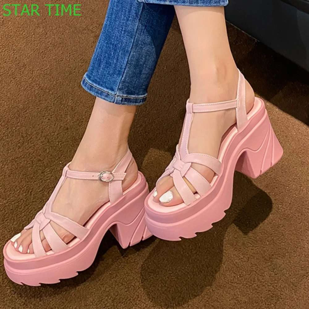 

Platform Thick Heel Roman Sandals 2024 Summer New Casual Open Toe Buckle Strap White/pink Fashion Women Sandals