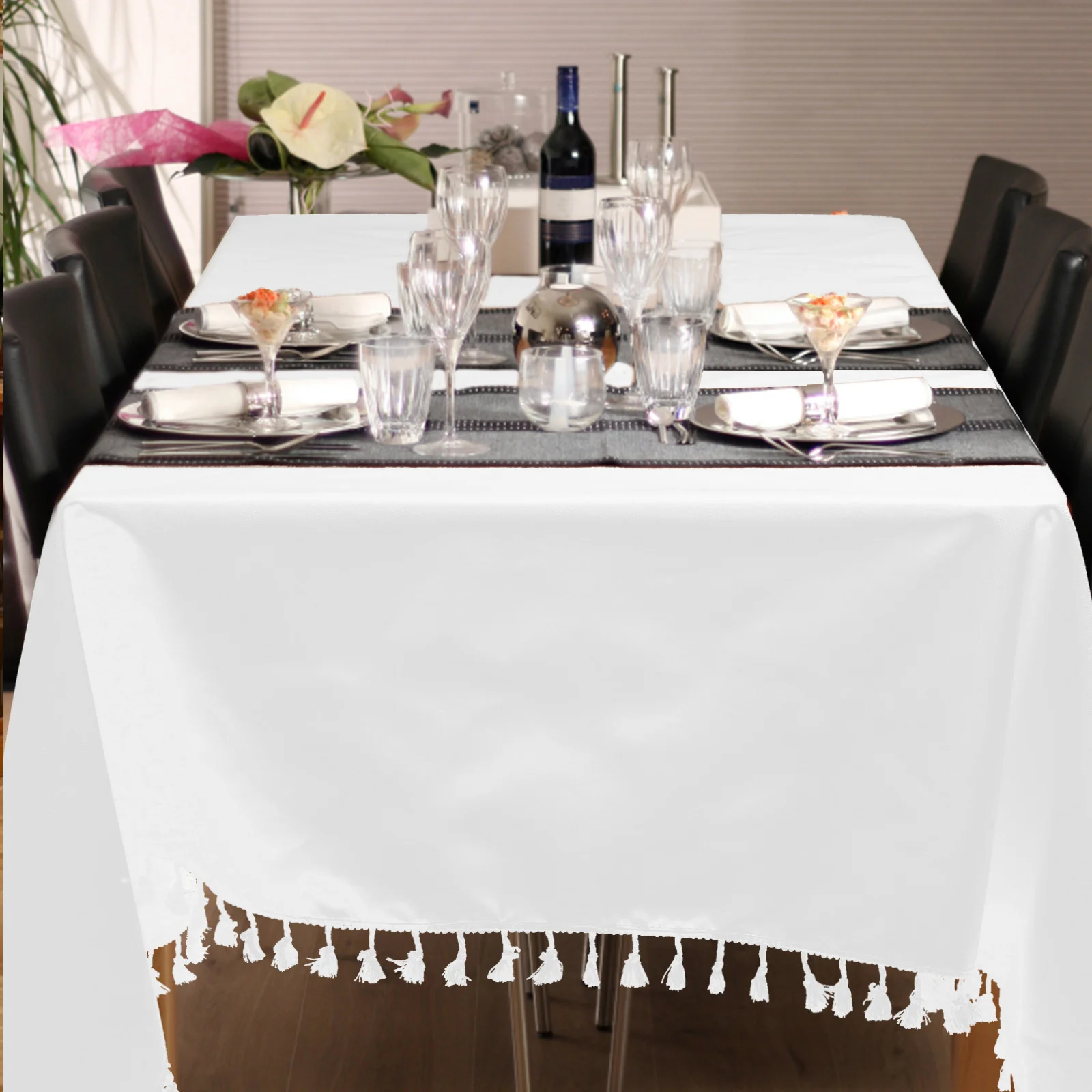 

Polyester Tablecloth Washable Rectangle Fringed Table Cover Solid Color for Buffet Dessert Display Decorative Cloth