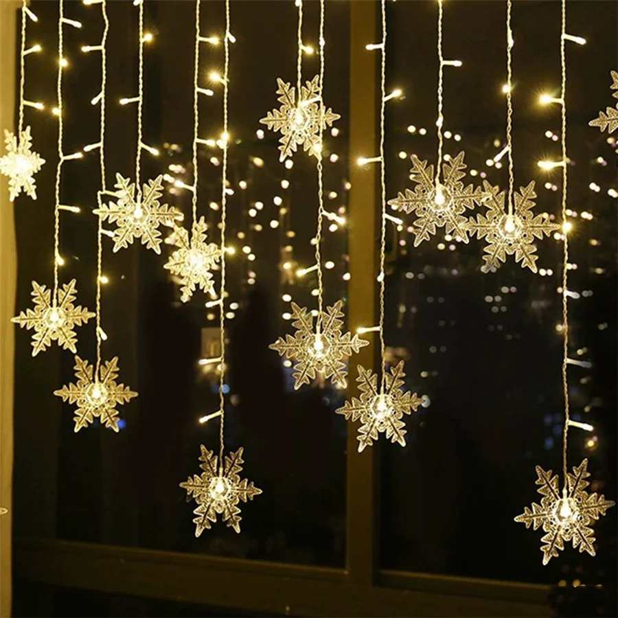 Guirnalda de luces navideñas con forma de copo de nieve LED para interiores y exteriores, 3,5 M, 8 modos, luces de cortina de hadas intermitentes para decoración de fiesta y boda