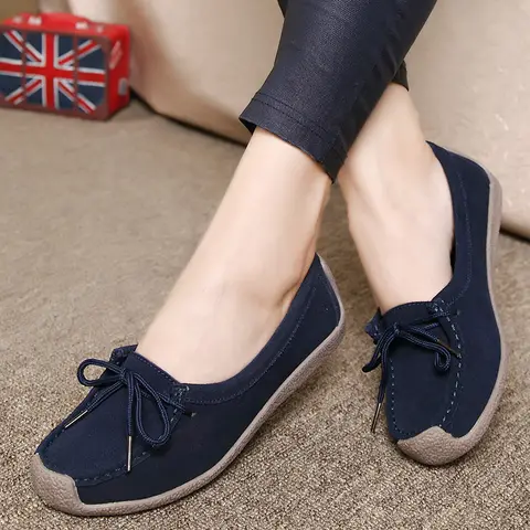Genuine Leather Women Flats Fashion Casual Women Shoe Moccasins Shoes Woman Slip On Flat Shoes Black Ladies Shoes Plus Size