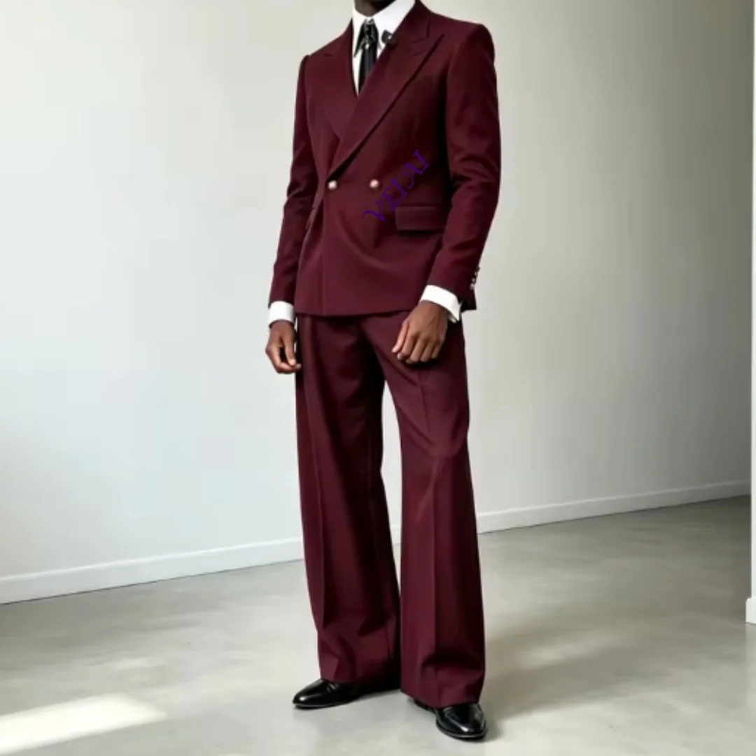 Breasted Wide Pants Men Suit Set Separates 2 Pieces Custom Tuxedo For Men Wedding Prom Groom Party (Jacket + Pants)