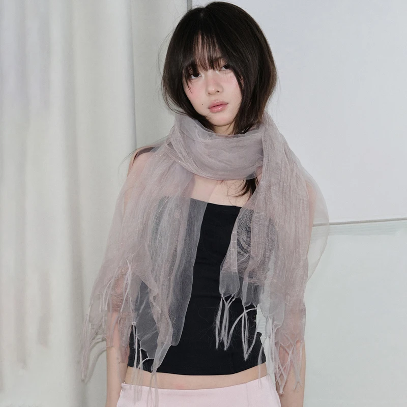 

Весенний тонкий шарф из органзы в корейском стиле, шелковый, ручной работы, с кисточками, в стиле Ins, милый женский шарф, однотонный, японский шарф-платок для юбки