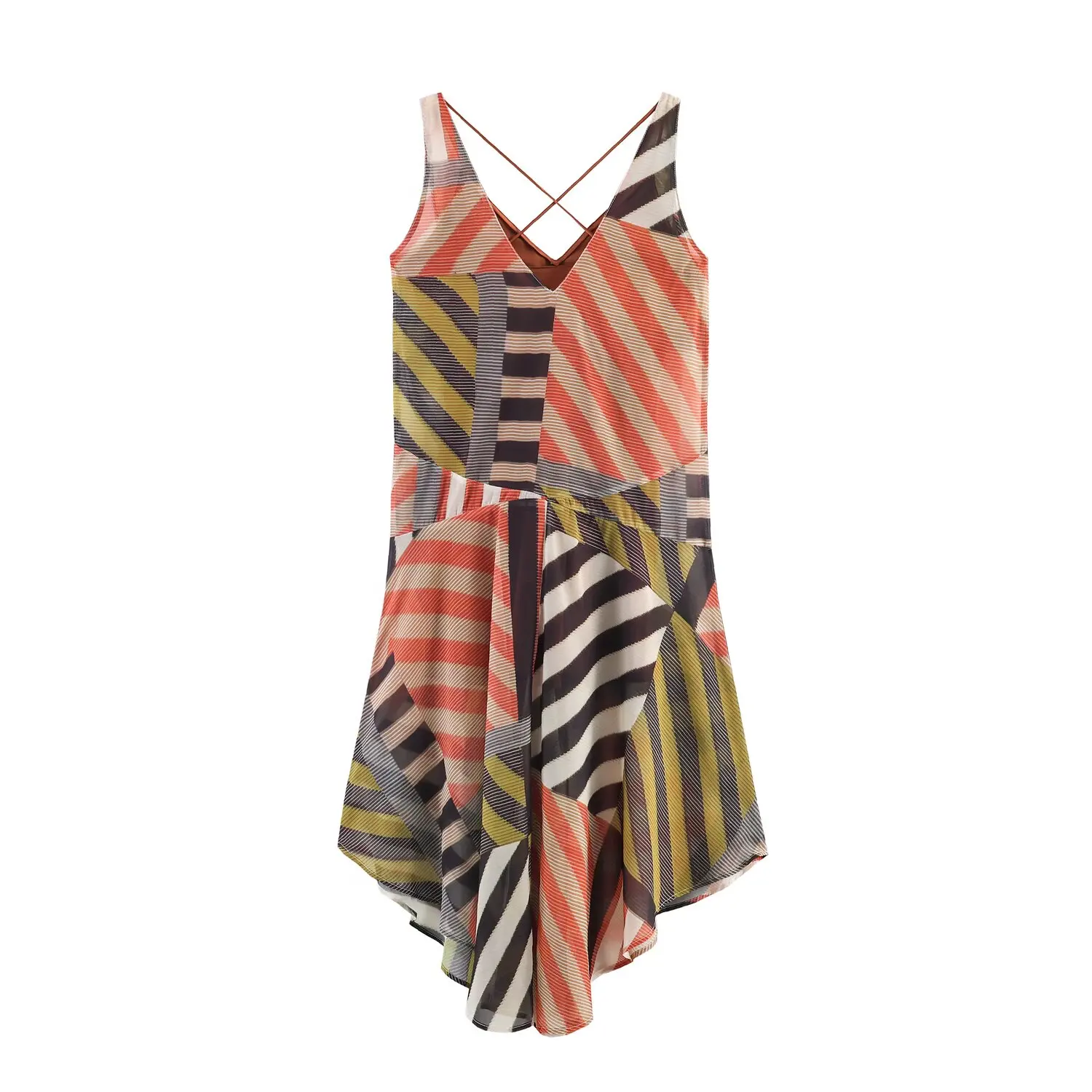 Damen Geometrisch Gestreiftes Slip-Kleid Sommer V-Ausschnitt Ärmelloses Kleid Gerafftes Loses Midi-Kleid Asymmetrisches Langes Kleid – Detail 3