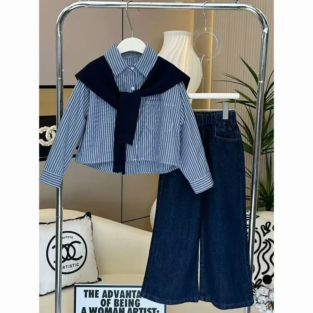 

Kids Girl's Suit Autumn New Big Children's Foreign Shawl Shirt Children's Wide-legged Jeans Tide Two-piece Set 120-170cm